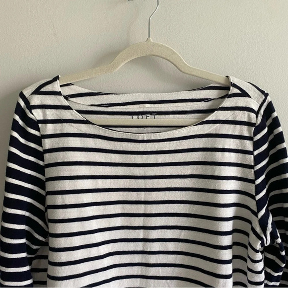 LOFT Striped Coastal Navy and Cream Boatneck 3/4 Sleeve Knit  Sweater Top Size L - Picture 6 of 14